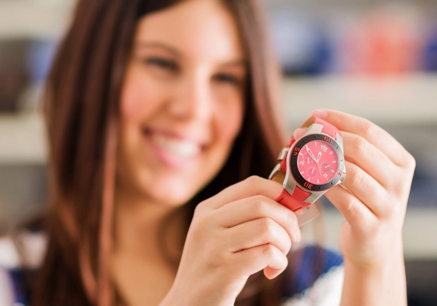 Mujer mirando reloj rojo